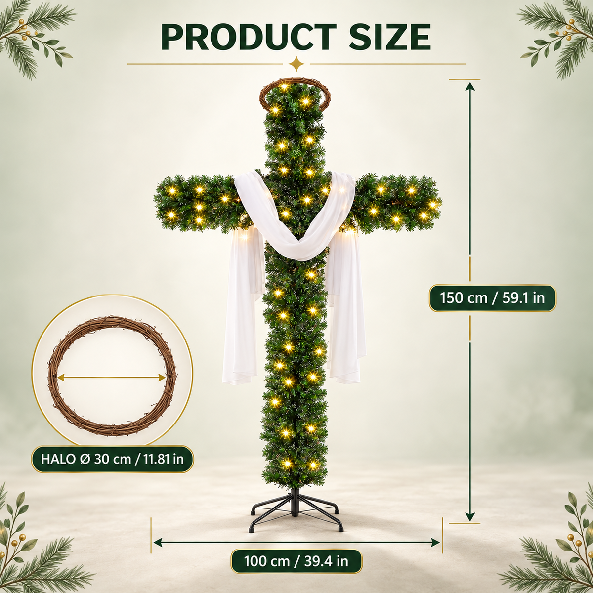 Pre Lit Cross Christmas Tree with Warm LED Lights Artificial PVC Christian Christmas Decoration