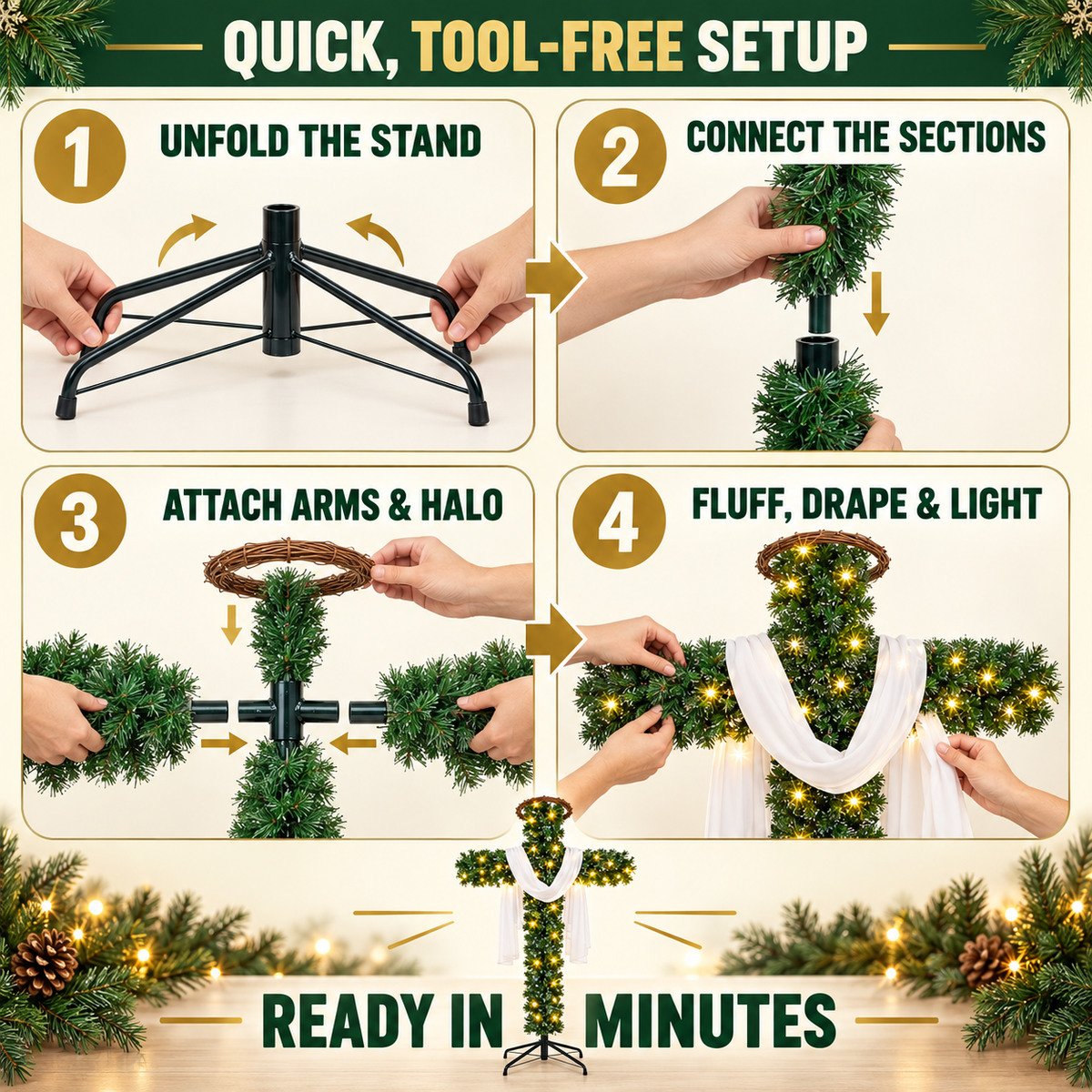Pre Lit Cross Christmas Tree with Warm LED Lights Artificial PVC Christian Christmas Decoration