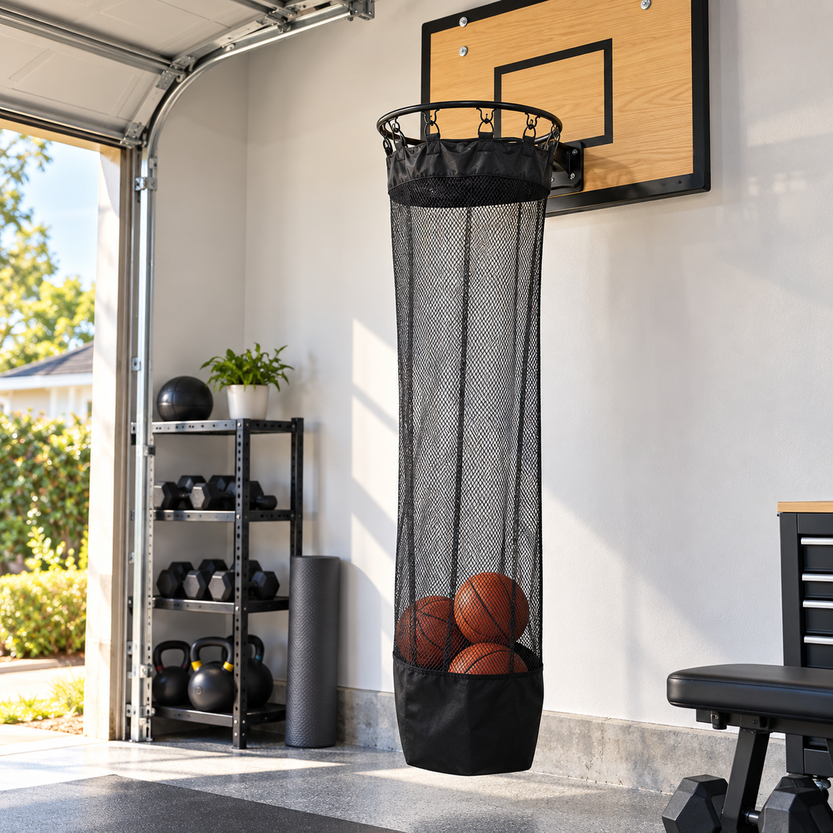 Basketball Catch Net Storage Bag – Extended Hoop Ball Return Organizer for Garage & Backyard Courts