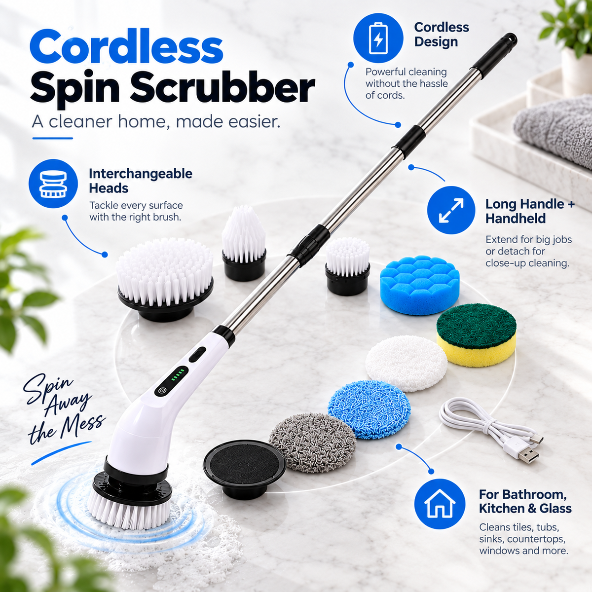 Cordless Electric Spin Scrubber with Extendable Handle and Multiple Cleaning Brush Heads