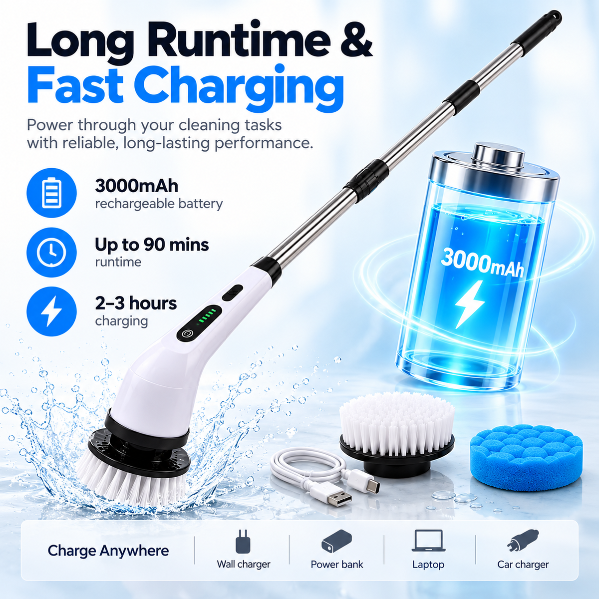 Cordless Electric Spin Scrubber with Extendable Handle and Multiple Cleaning Brush Heads