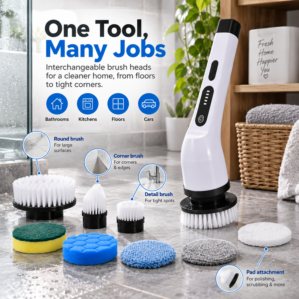 Cordless Electric Spin Scrubber with Extendable Handle and Multiple Cleaning Brush Heads