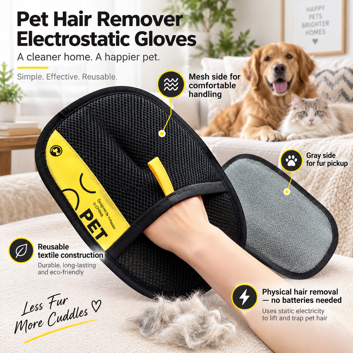 Electrostatic Pet Hair Remover Glove Reusable Cleaning Mitt for Cats Dogs Furniture and Clothes