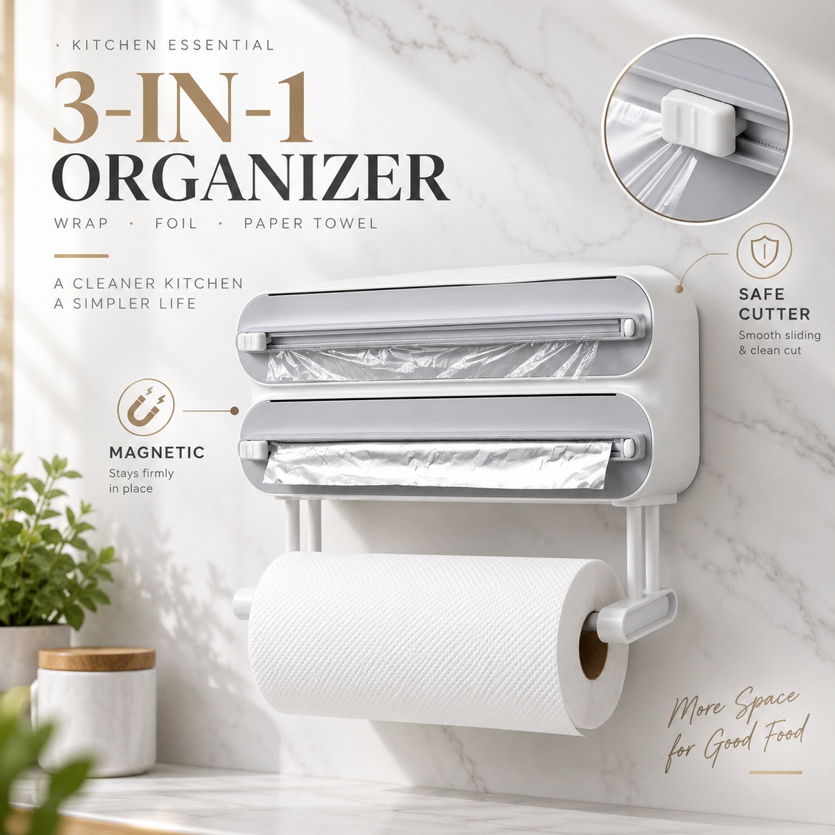 3-in-1 Magnetic Plastic Wrap Dispenser with Cutter | Cling Film, Foil & Baking Paper Organizer