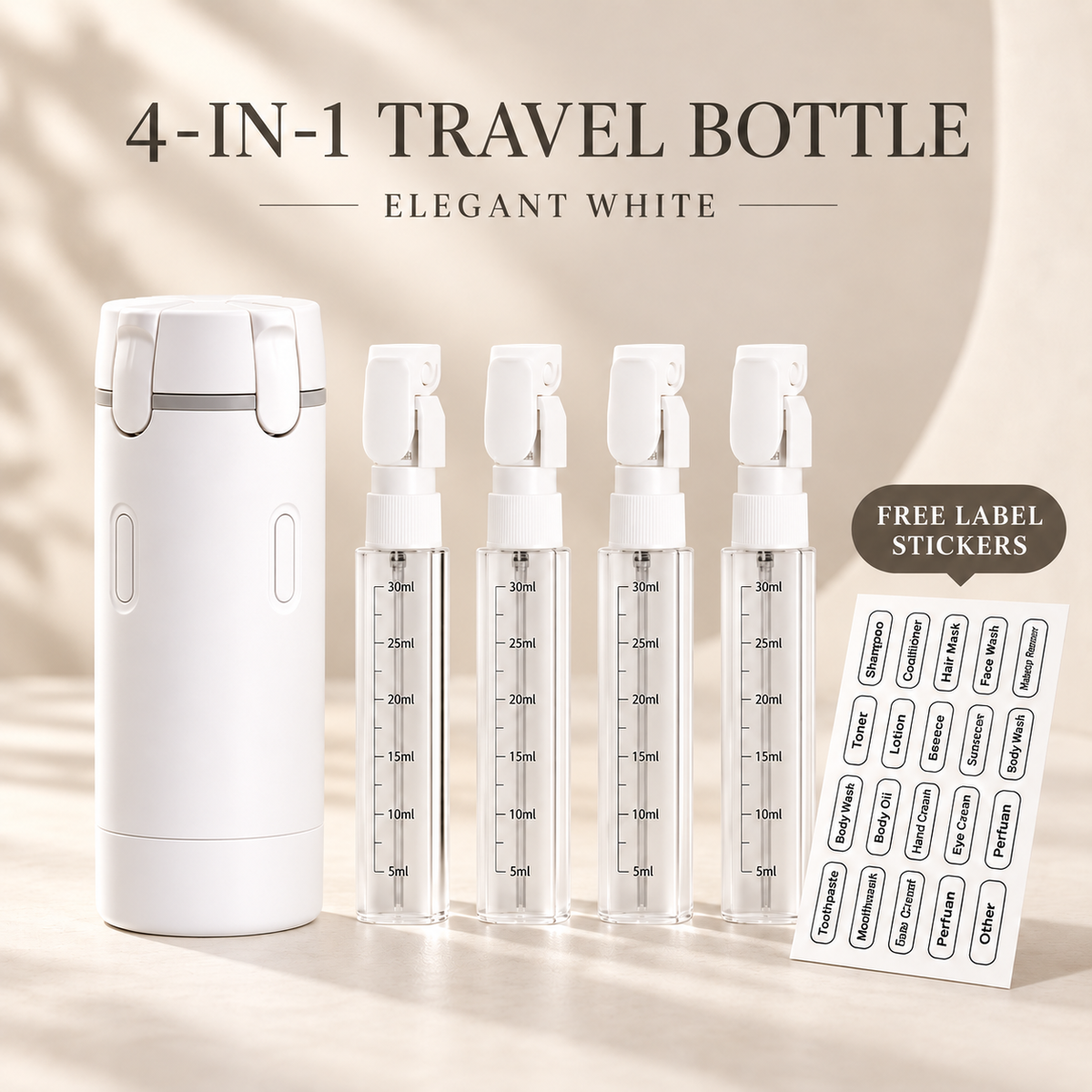 4-in-1 Refillable Travel Toiletry Dispenser with Four 30 mL Bottles