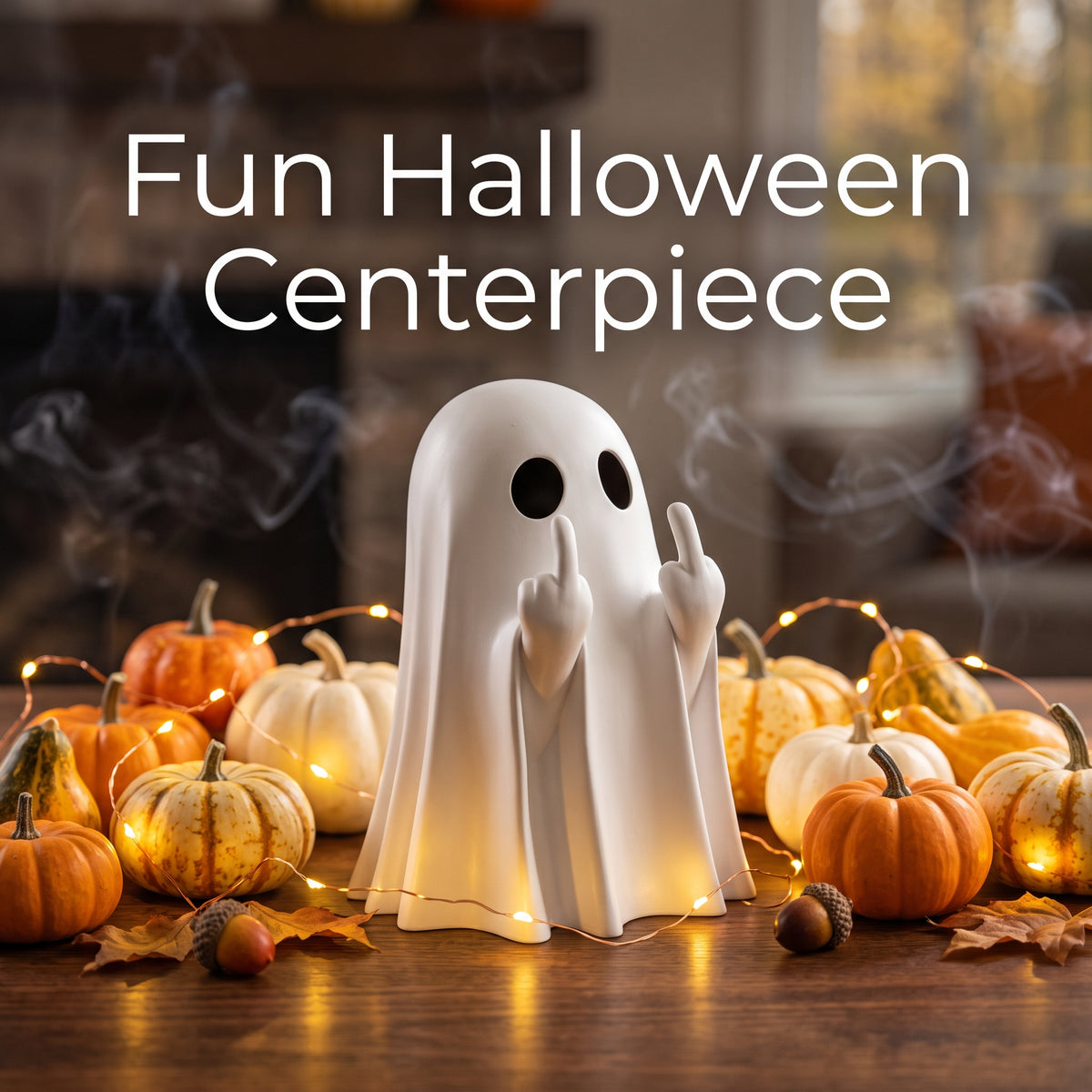 Cute Halloween Ghost Statue with Middle Finger Gesture – Small Spooky Tabletop Decor