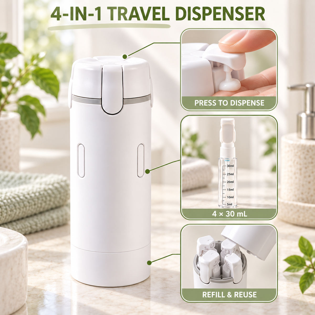 4-in-1 Refillable Travel Toiletry Dispenser with Four 30 mL Bottles