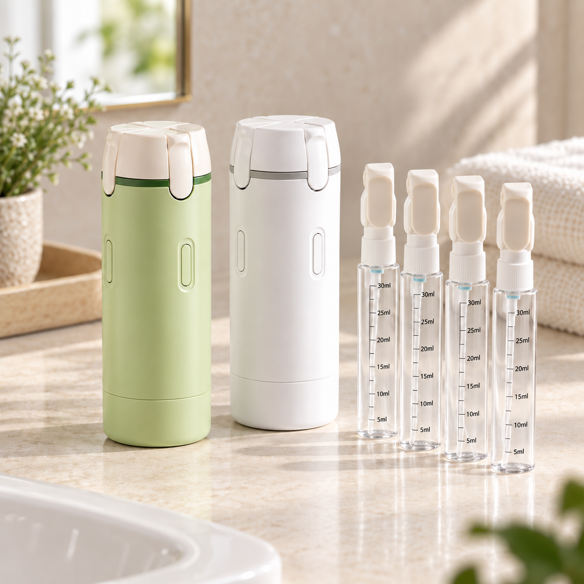 4-in-1 Refillable Travel Toiletry Dispenser with Four 30 mL Bottles