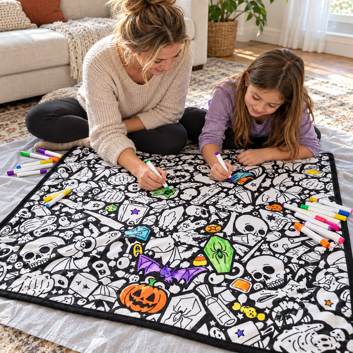 (KIT) DIY Halloween Coloring Blanket with 24 Markers, 150 × 125 cm
