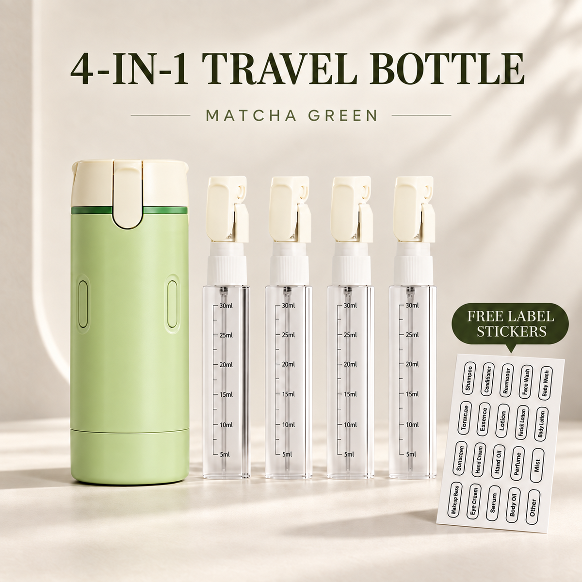 4-in-1 Refillable Travel Toiletry Dispenser with Four 30 mL Bottles