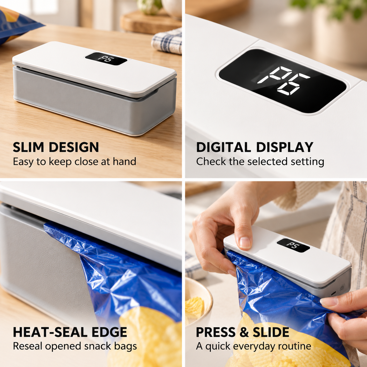 Rechargeable Mini Bag Sealer with Cutter, LED Display & 6 Heat Settings