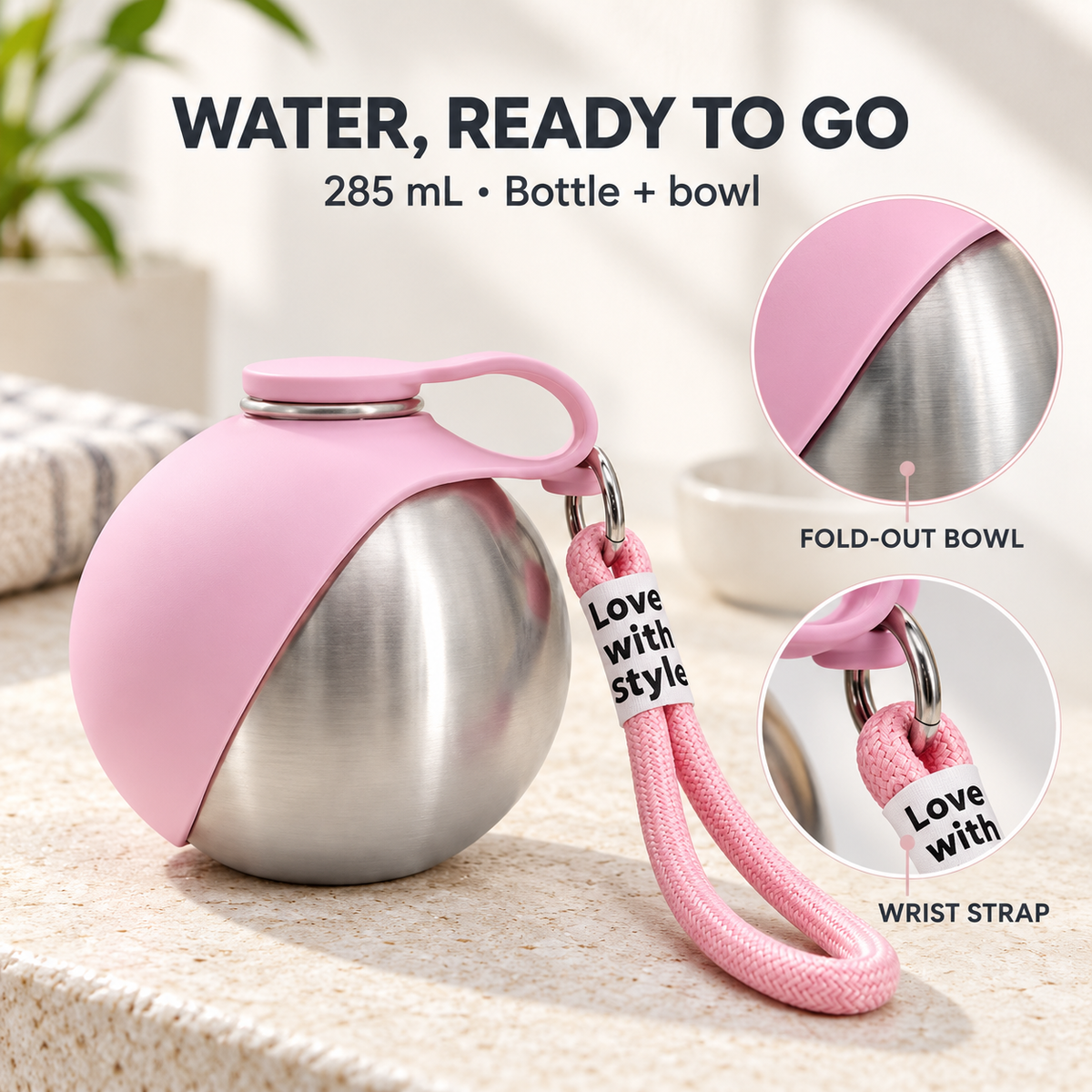 Portable Stainless Steel Pet Water Bottle with Fold-Out Bowl, 285 mL