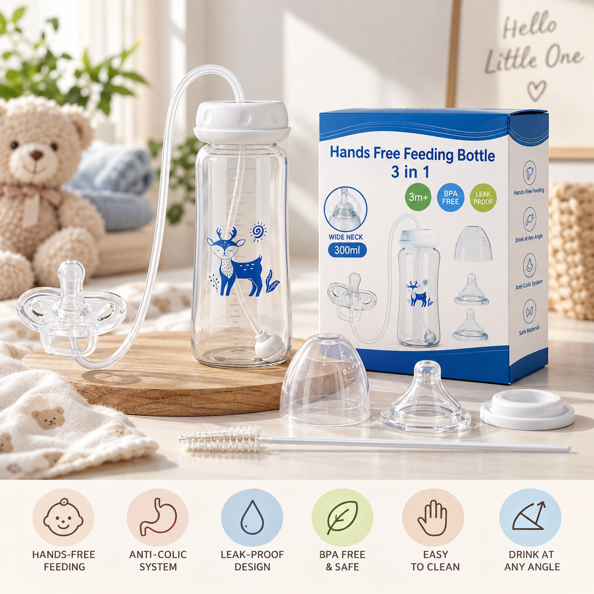 BornBL 3-in-1 Hands-Free Baby Feeding Bottle 300ml