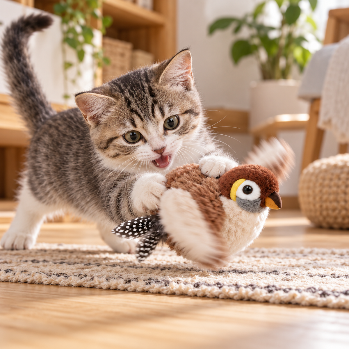 Rechargeable Simulated Bird Cat Toy, Touch-Activated Chirping and Flapping Plush Toy