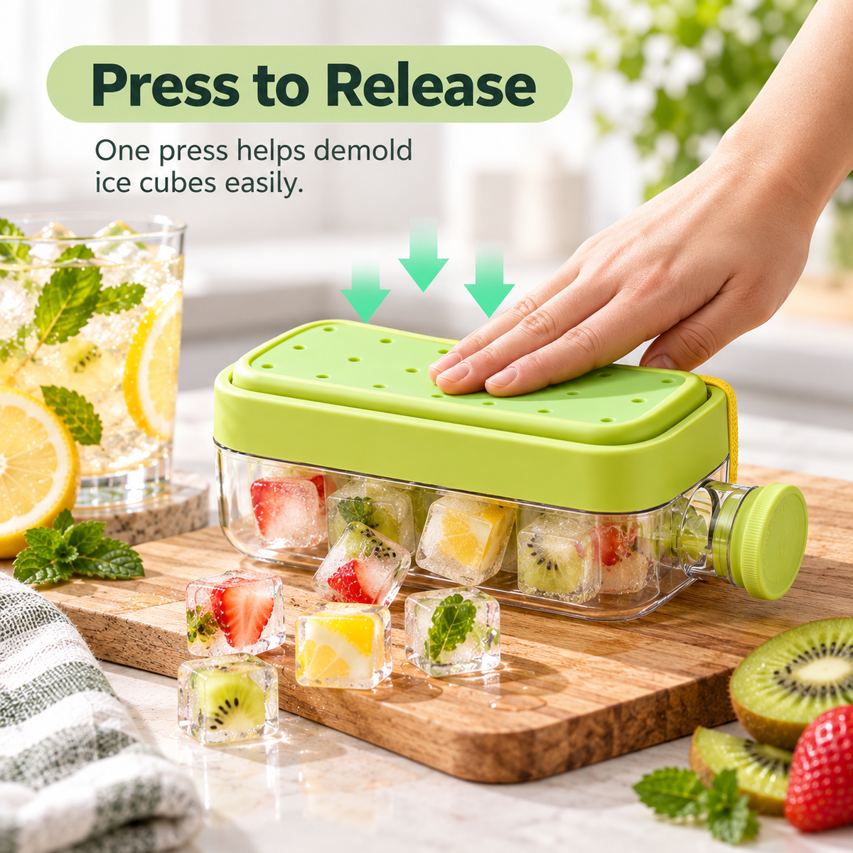 2-in-1 Portable Ice Cube Maker & Storage Bottle – No-Touch Easy Release Ice Tray with Lid