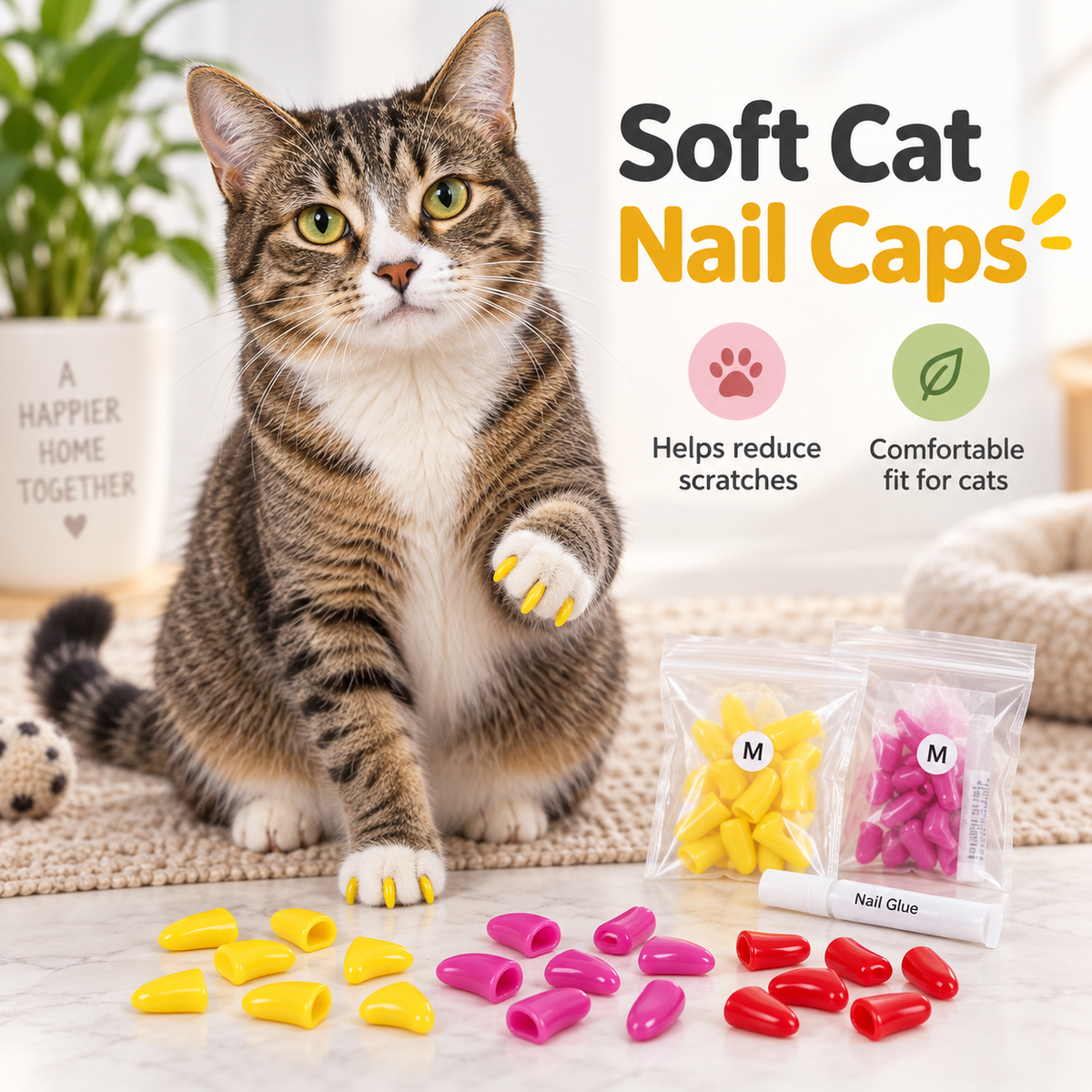 Soft Cat Nail Caps with Adhesive Glue and Applicator, 20-Piece Claw Cover Set