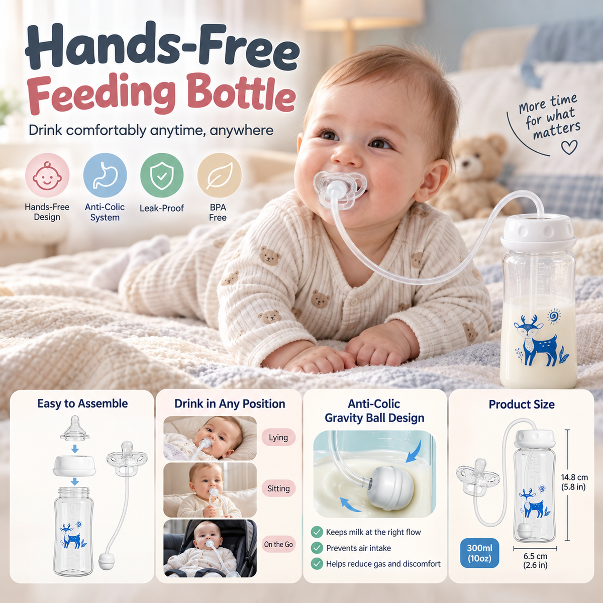 BornBL 3-in-1 Hands-Free Baby Feeding Bottle 300ml