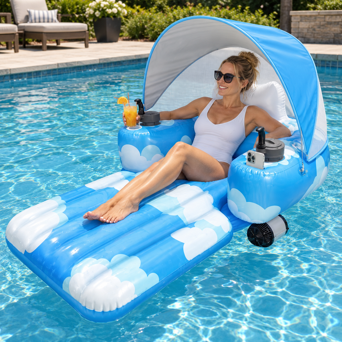 CloudCruise Rechargeable Dual-Motor Inflatable Pool Lounger with Canopy