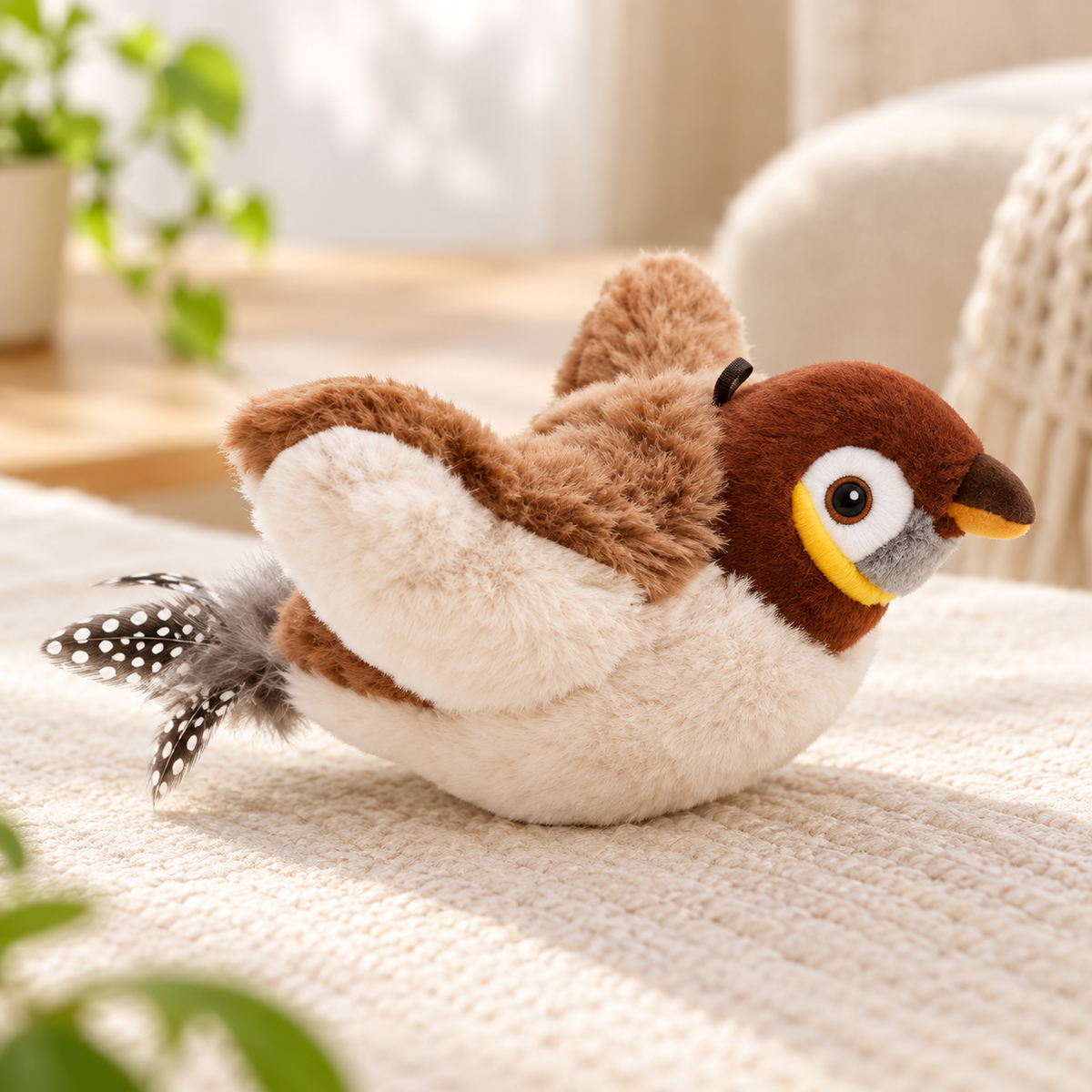 Rechargeable Simulated Bird Cat Toy, Touch-Activated Chirping and Flapping Plush Toy
