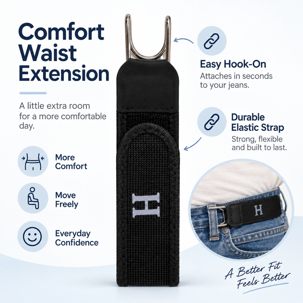 Adjustable Buckleless Elastic Belt, Ultra-Soft Hook-and-Loop Waist Belt