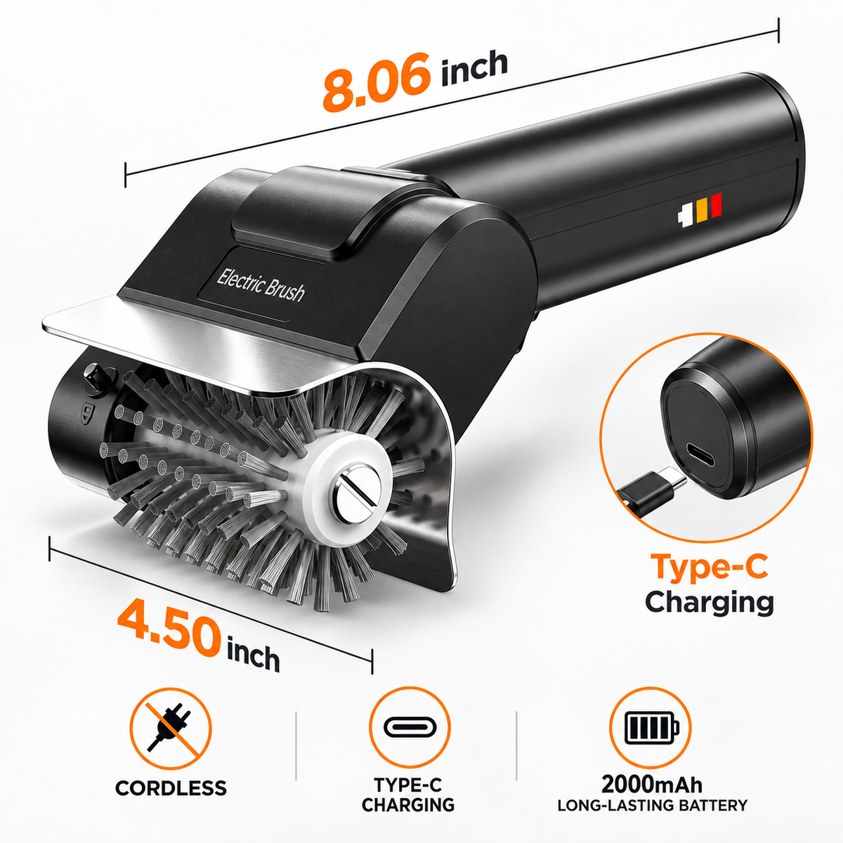 Portable High Speed Electric BBQ Grill Cleaning Brush Rechargeable Stainless Steel Handheld Grill Cleaner