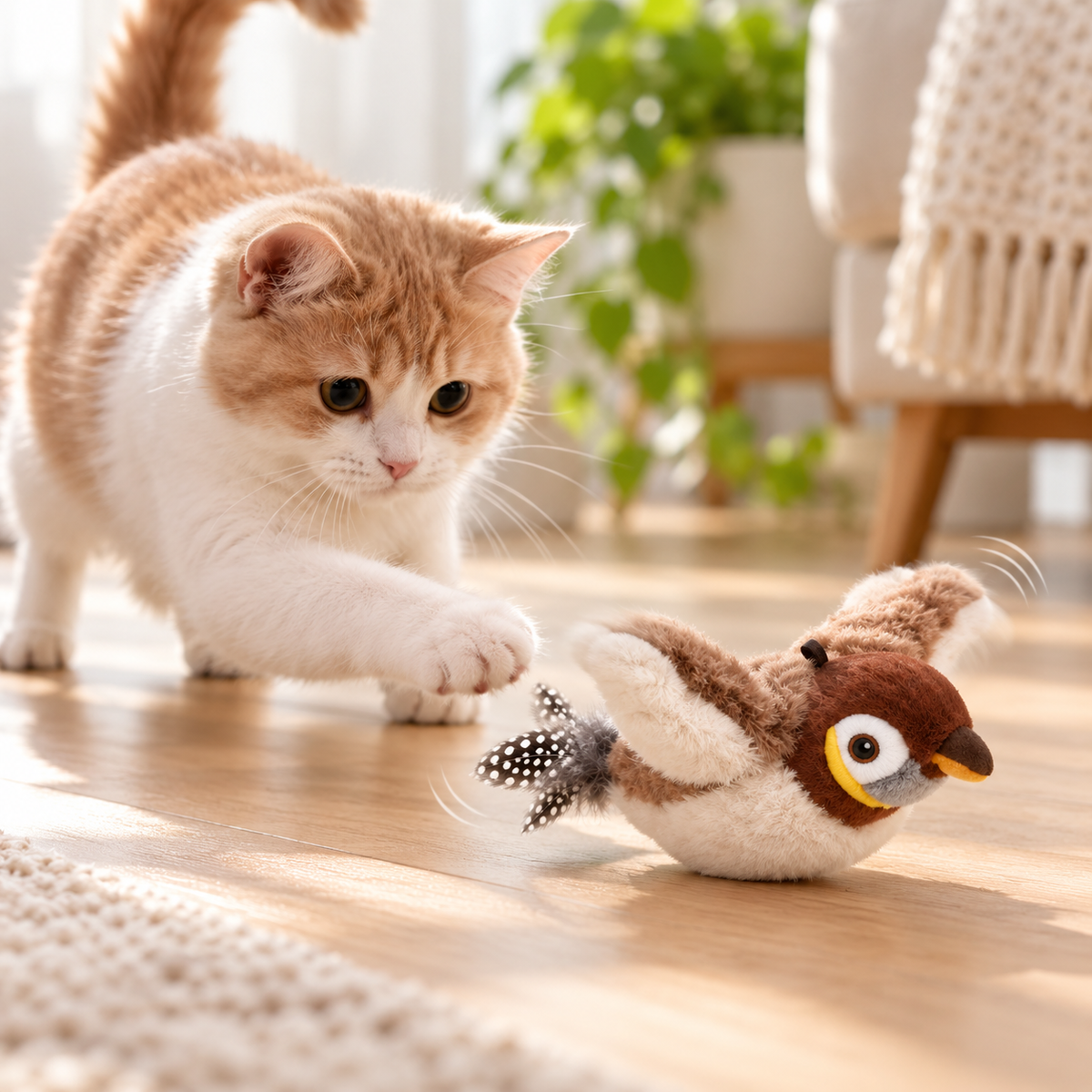 Rechargeable Simulated Bird Cat Toy, Touch-Activated Chirping and Flapping Plush Toy