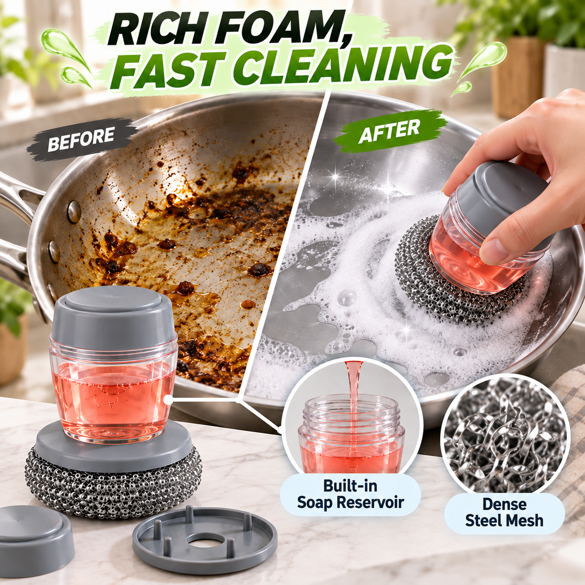 Soap Dispensing Stainless Steel Dish Brush