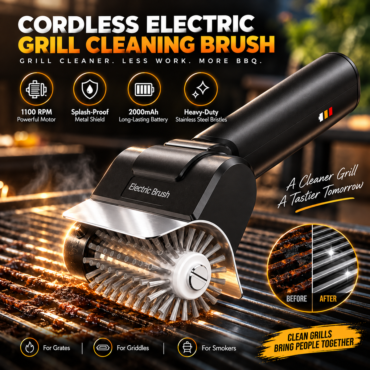 Portable High Speed Electric BBQ Grill Cleaning Brush Rechargeable Stainless Steel Handheld Grill Cleaner