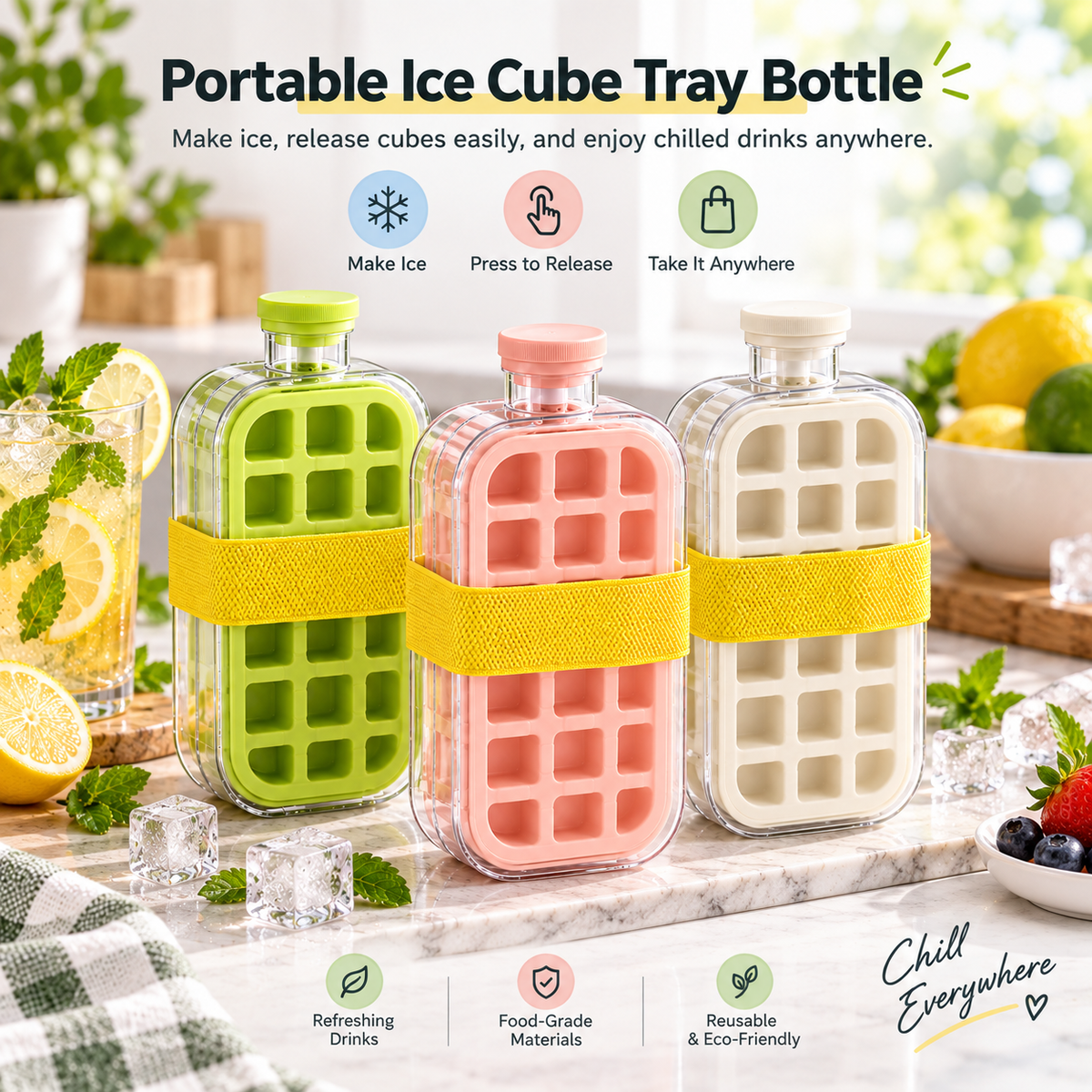 2-in-1 Portable Ice Cube Maker & Storage Bottle – No-Touch Easy Release Ice Tray with Lid