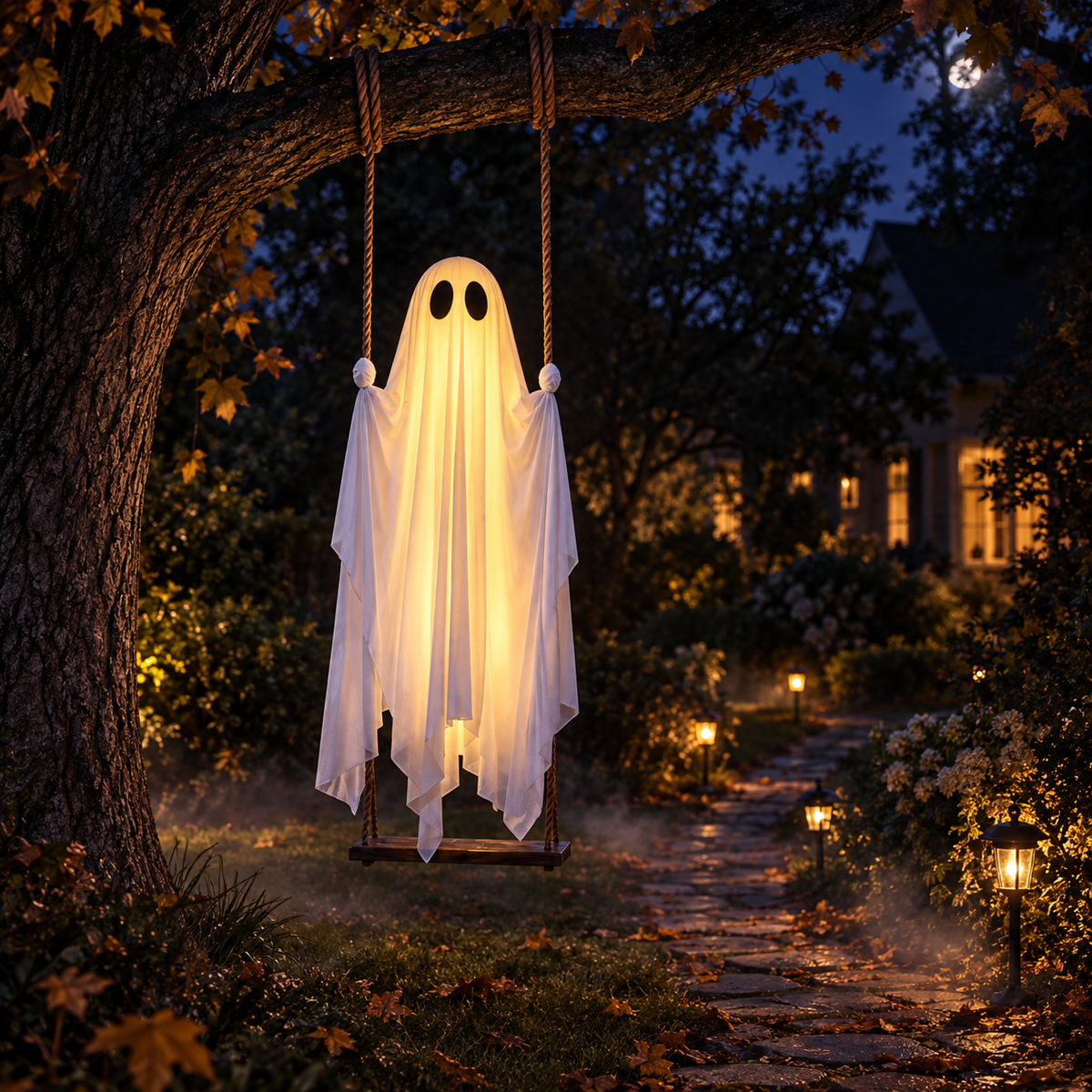 Large Halloween Hanging Ghost Decoration with LED Lights Swinging Ghost for Outdoor Yard Porch Décor