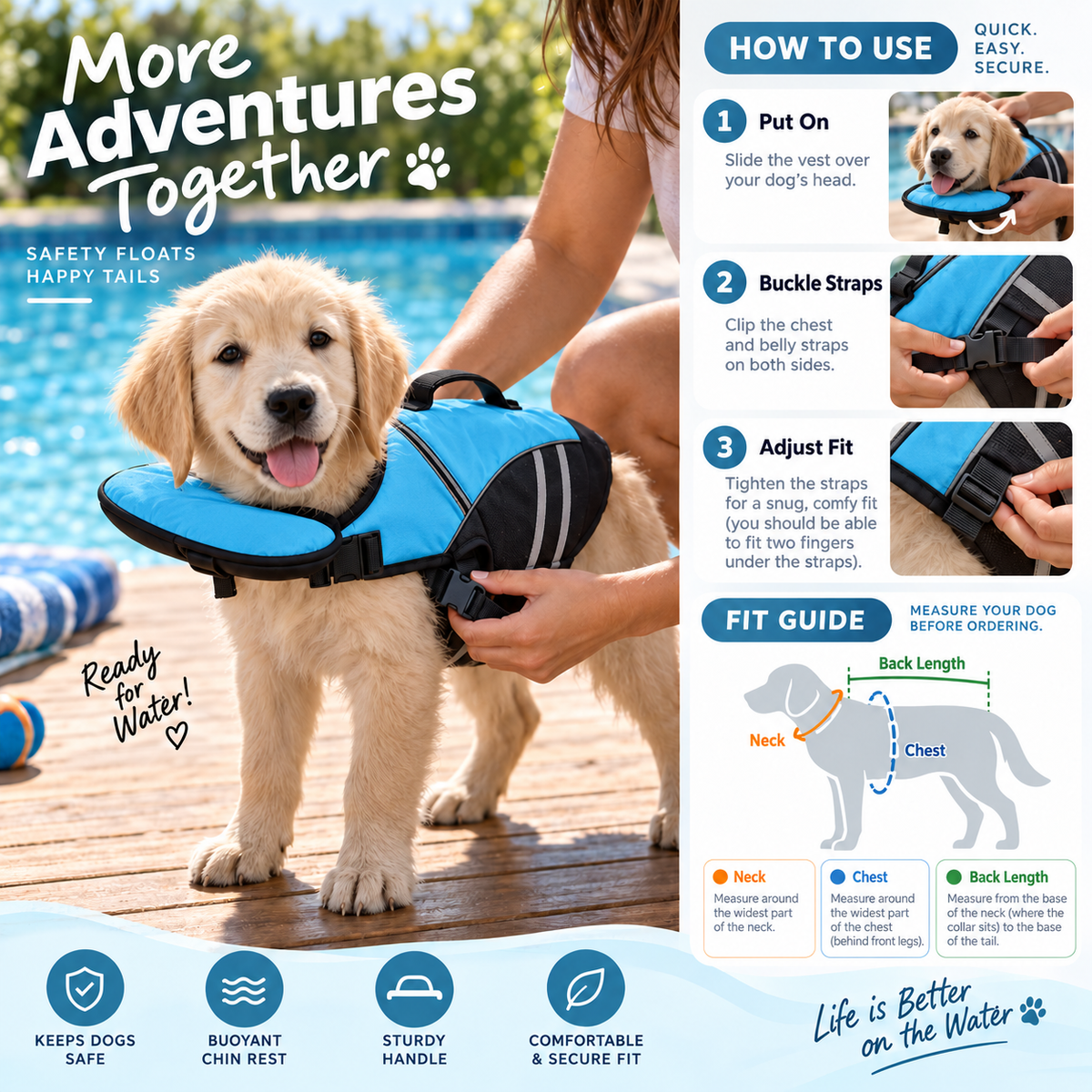 Dog Life Jacket with Neck Support, Adjustable No-Chafe Swimming Vest