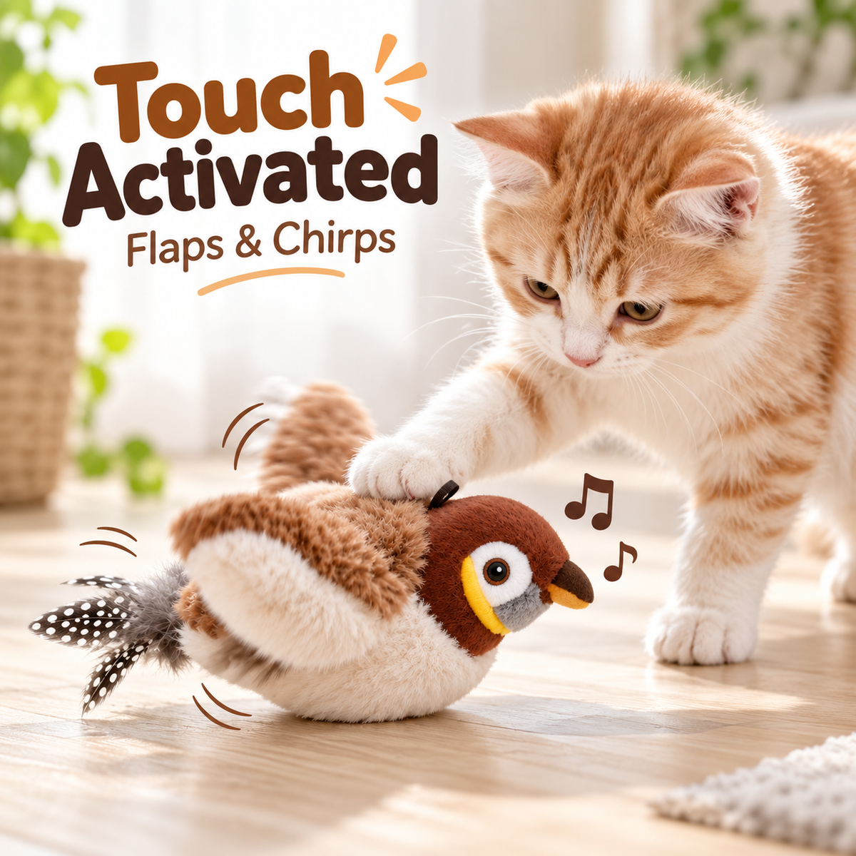 Rechargeable Simulated Bird Cat Toy, Touch-Activated Chirping and Flapping Plush Toy