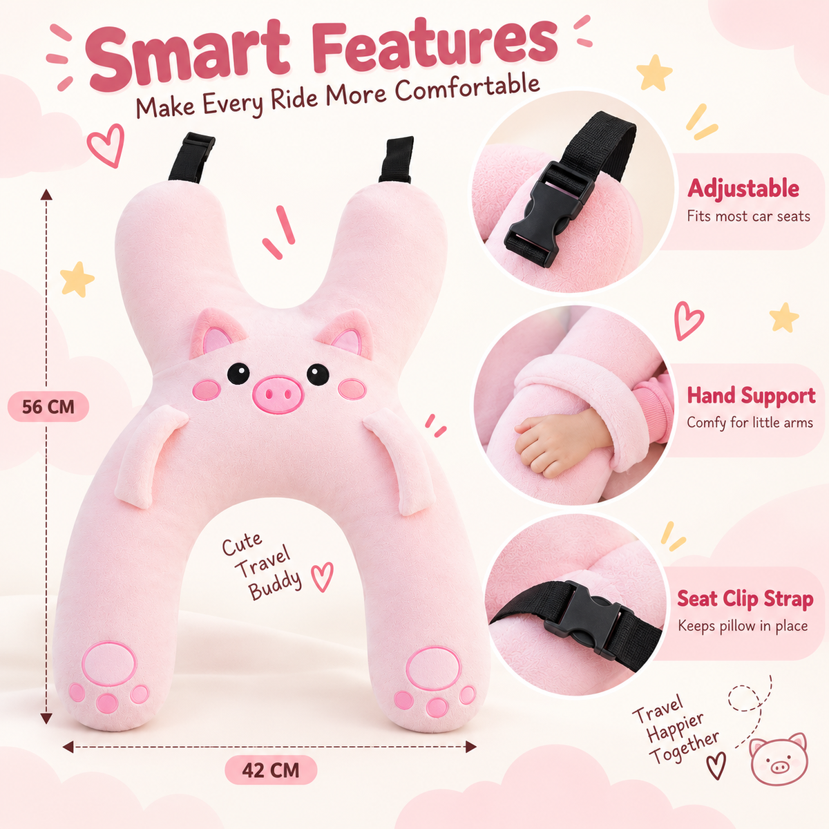 Kids Car Seat Neck Support Pillow, Cute Cartoon Headrest and Lumbar Cushion