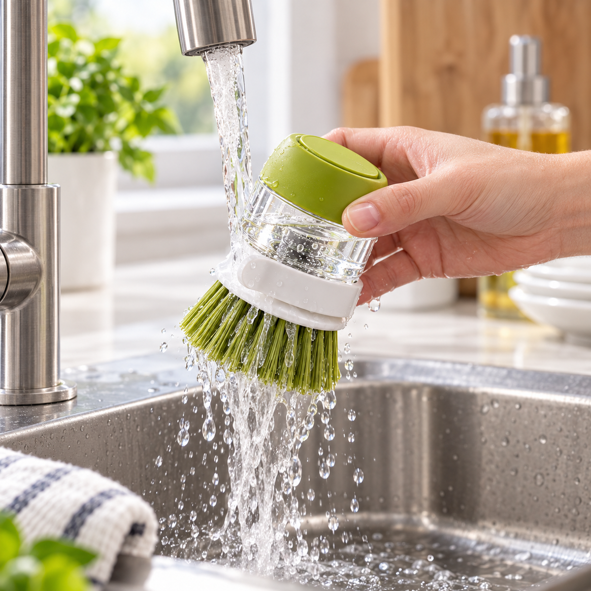 PressClean Soap Dispensing Dish Brush with Drip Tray
