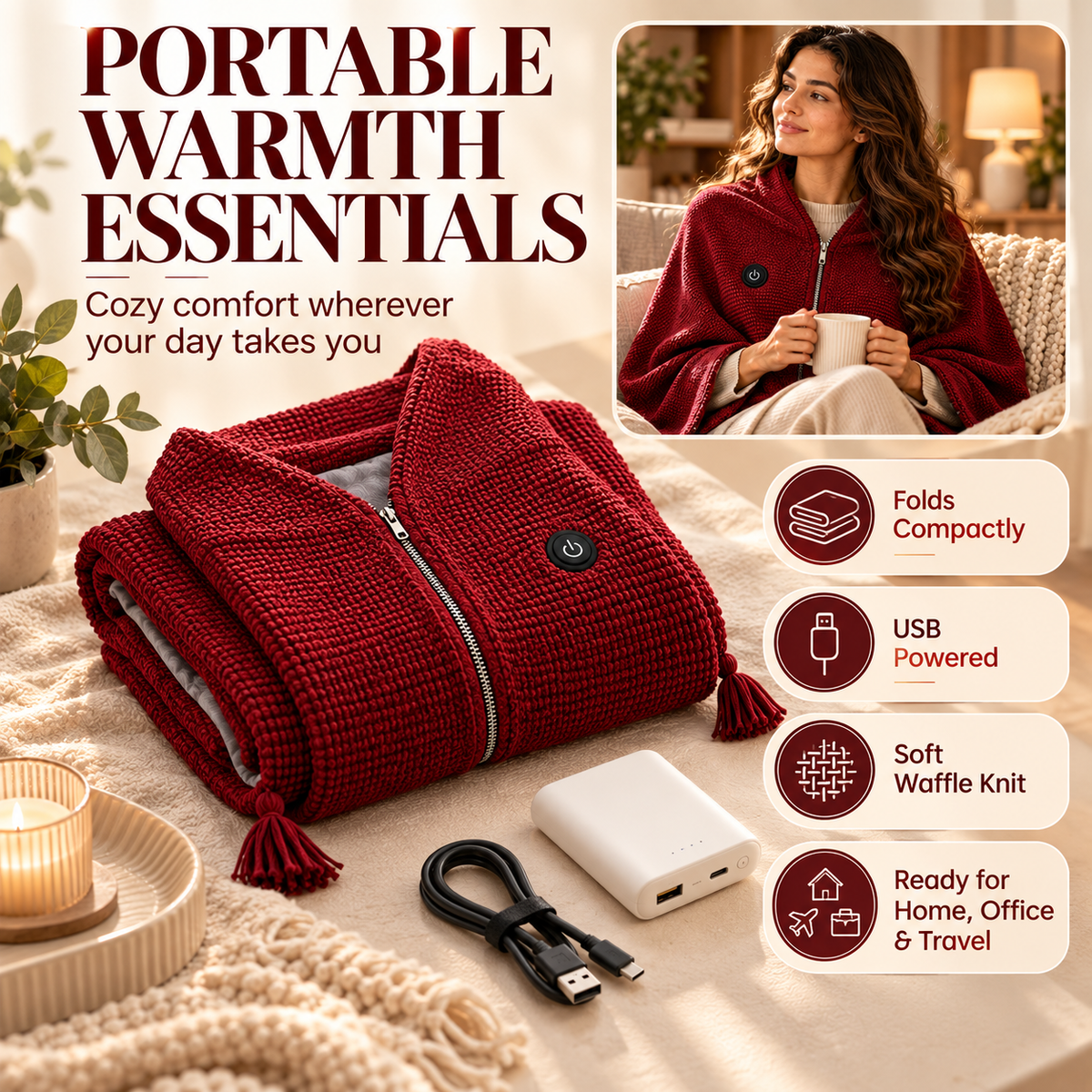 USB Heated Wearable Shawl Blanket