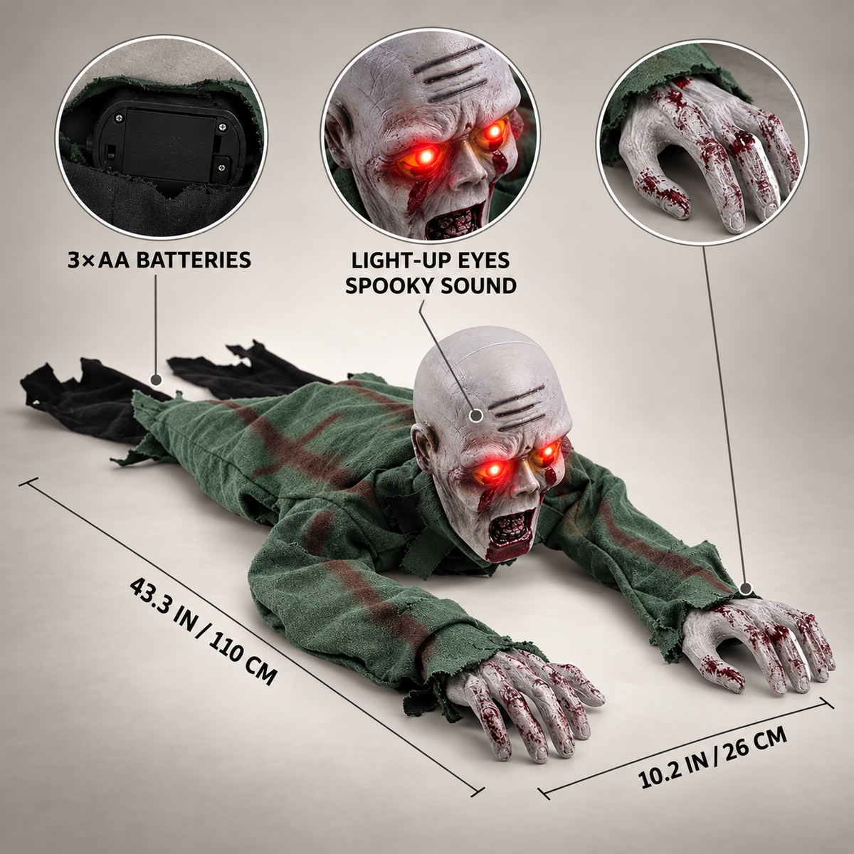 Motion-Activated Crawling Zombie Halloween Prop with LED Eyes & Sound