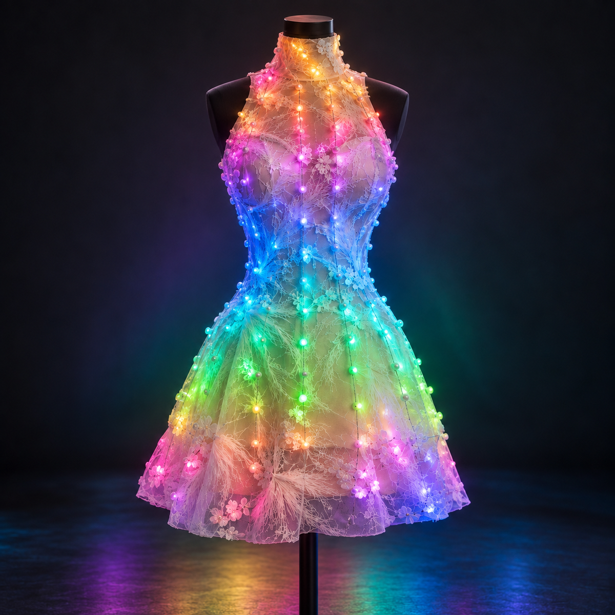 AuroraGlow Rainbow LED Halter Mini Dress