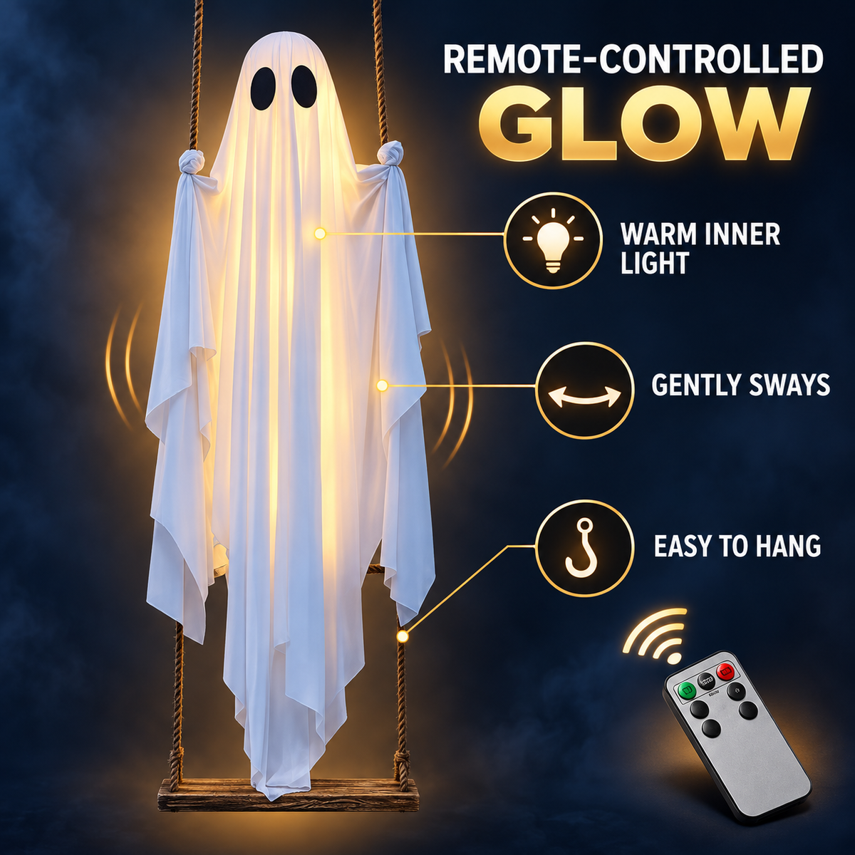 Large Halloween Hanging Ghost Decoration with LED Lights Swinging Ghost for Outdoor Yard Porch Décor