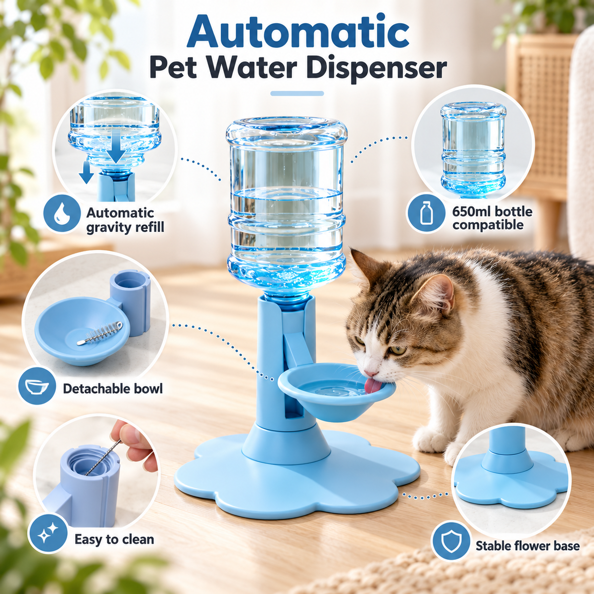 Automatic Gravity Pet Water Dispenser with Adjustable Height & Stable Wide Base