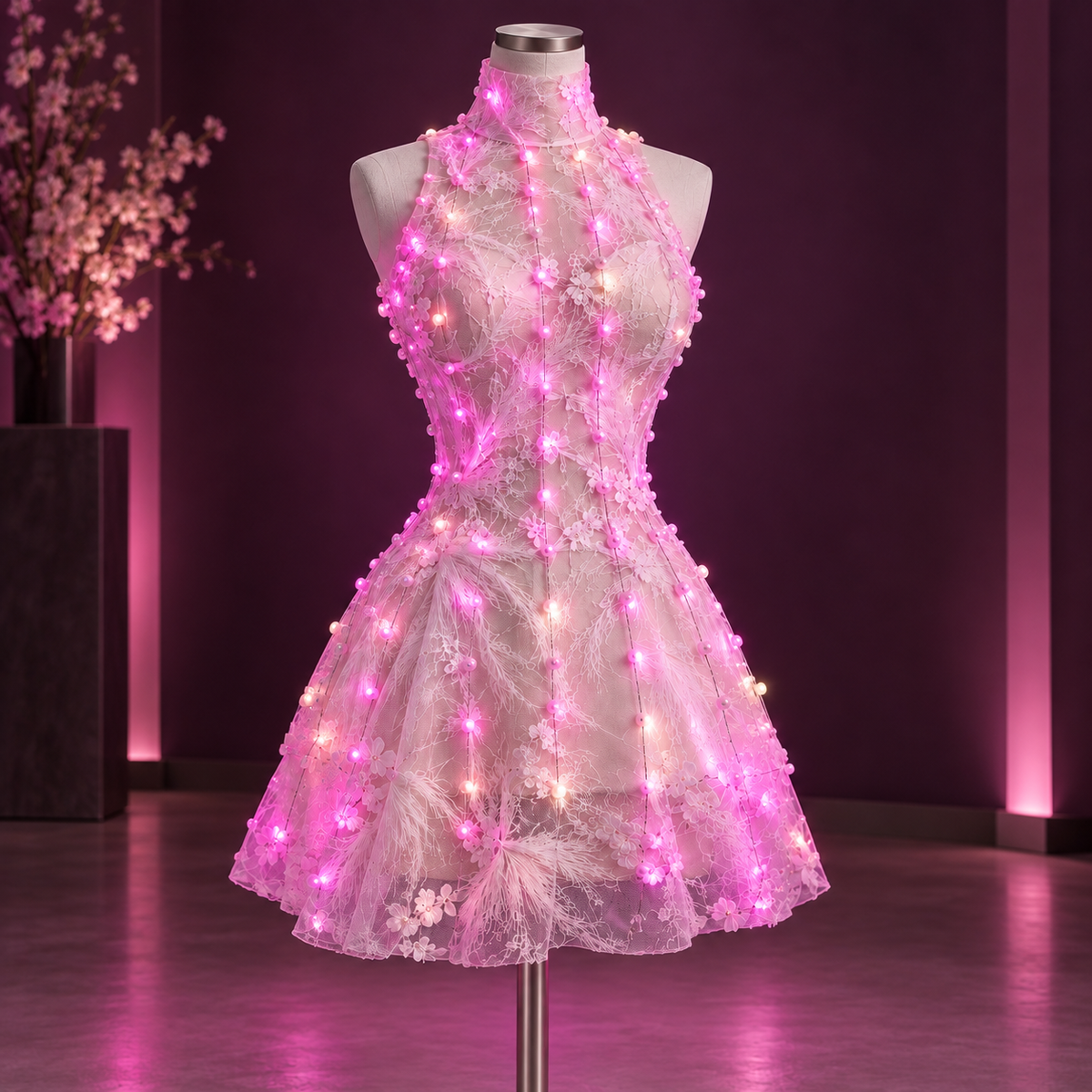 AuroraGlow Rainbow LED Halter Mini Dress