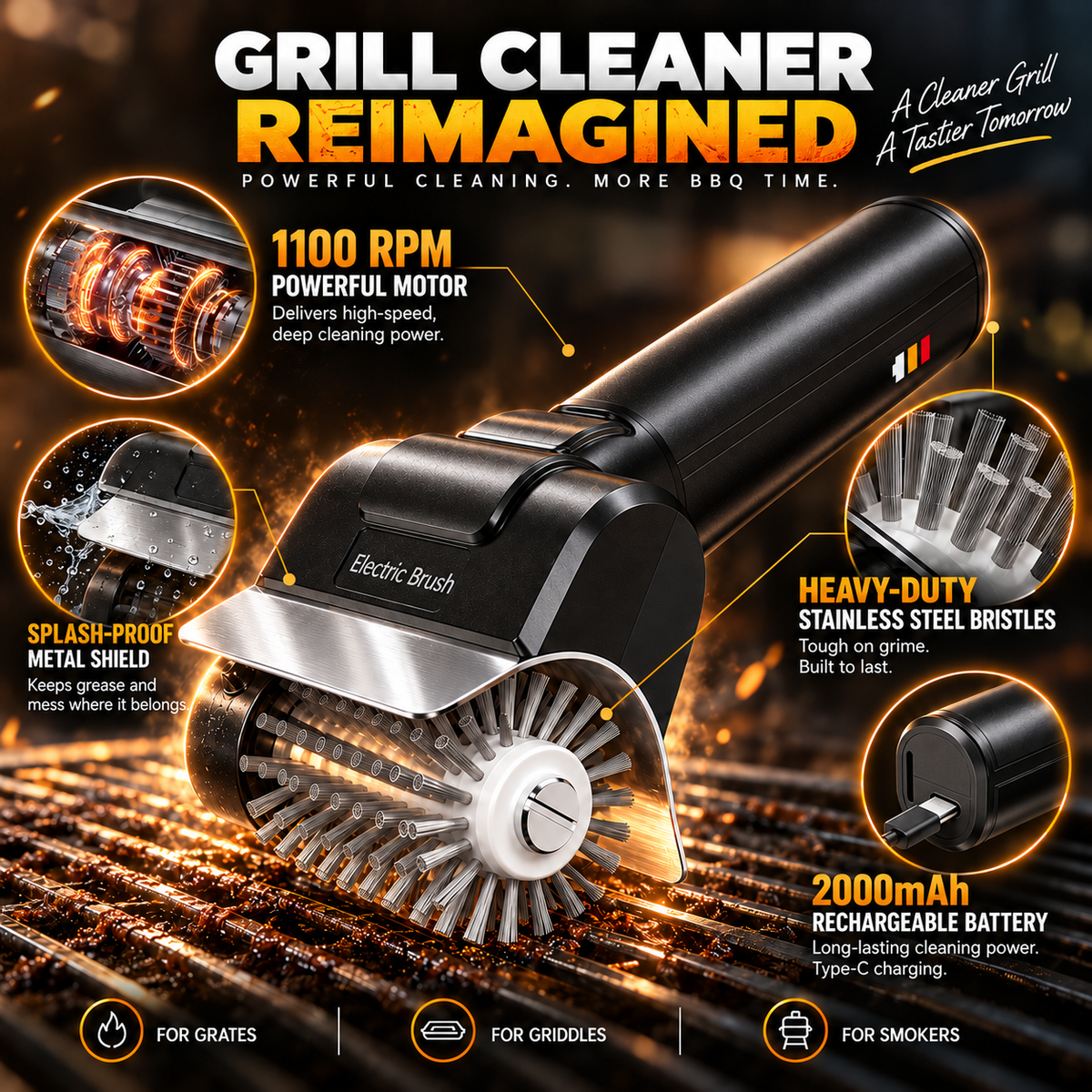 Portable High Speed Electric BBQ Grill Cleaning Brush Rechargeable Stainless Steel Handheld Grill Cleaner