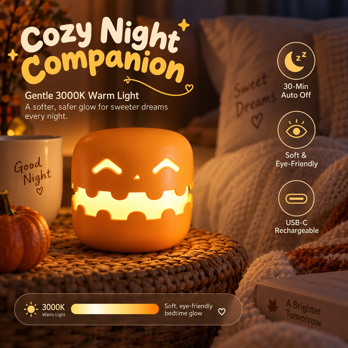 GlowGrin Rechargeable Halloween Pumpkin Night Light
