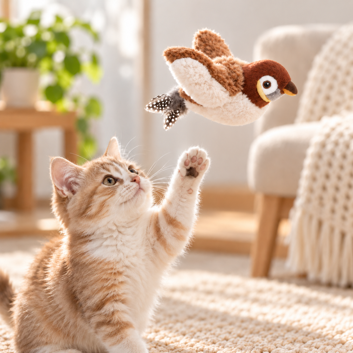 Rechargeable Simulated Bird Cat Toy, Touch-Activated Chirping and Flapping Plush Toy