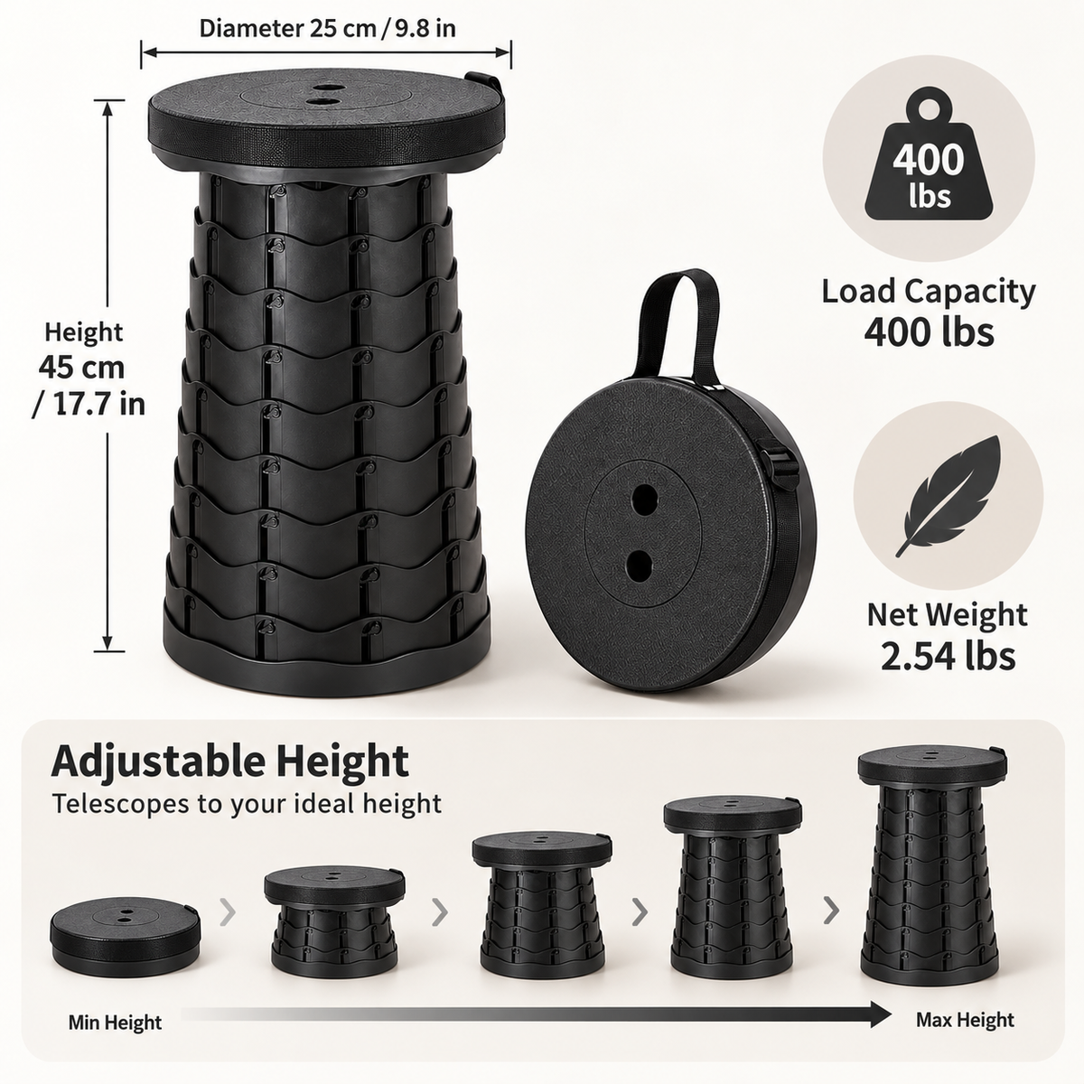 Portable Telescopic Folding Stool – Adjustable Compact Seat for Camping, Hiking, Fishing & Travel