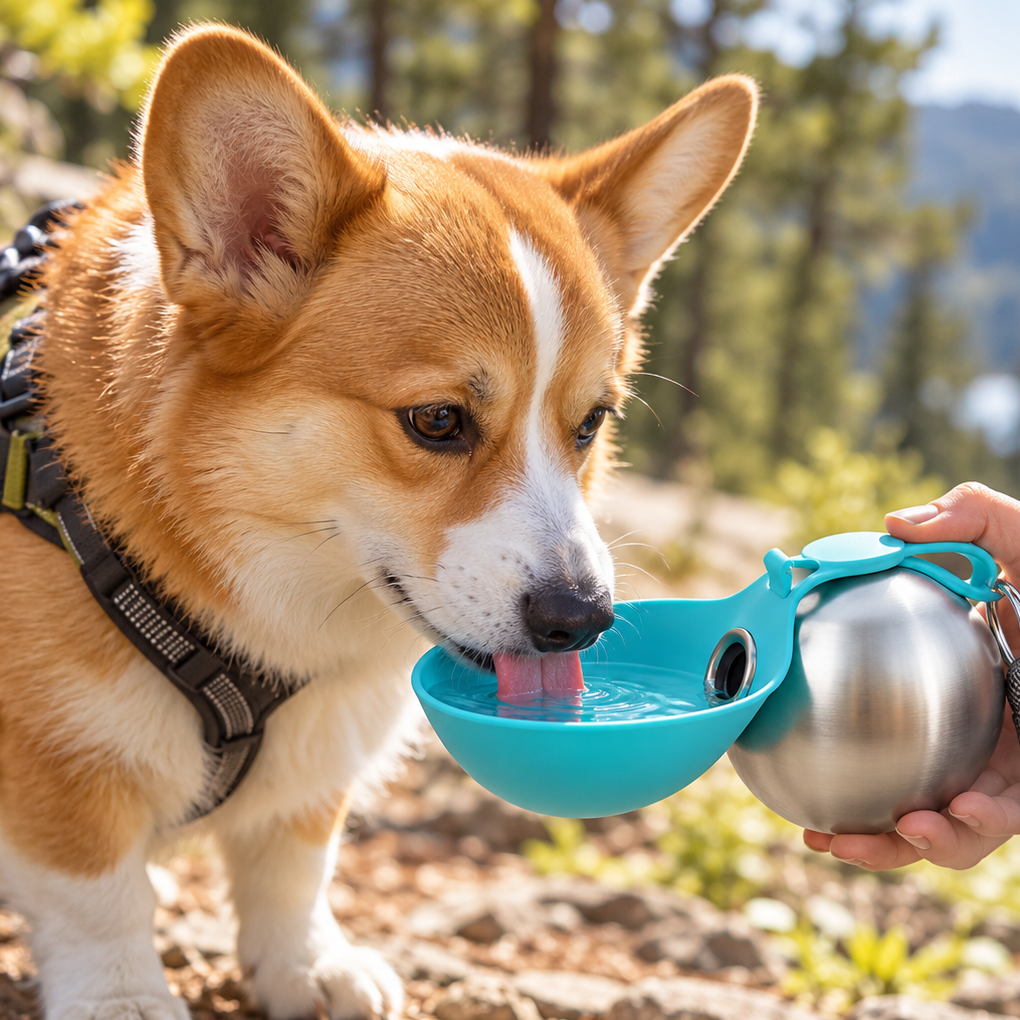 Portable Stainless Steel Pet Water Bottle with Fold-Out Bowl, 285 mL