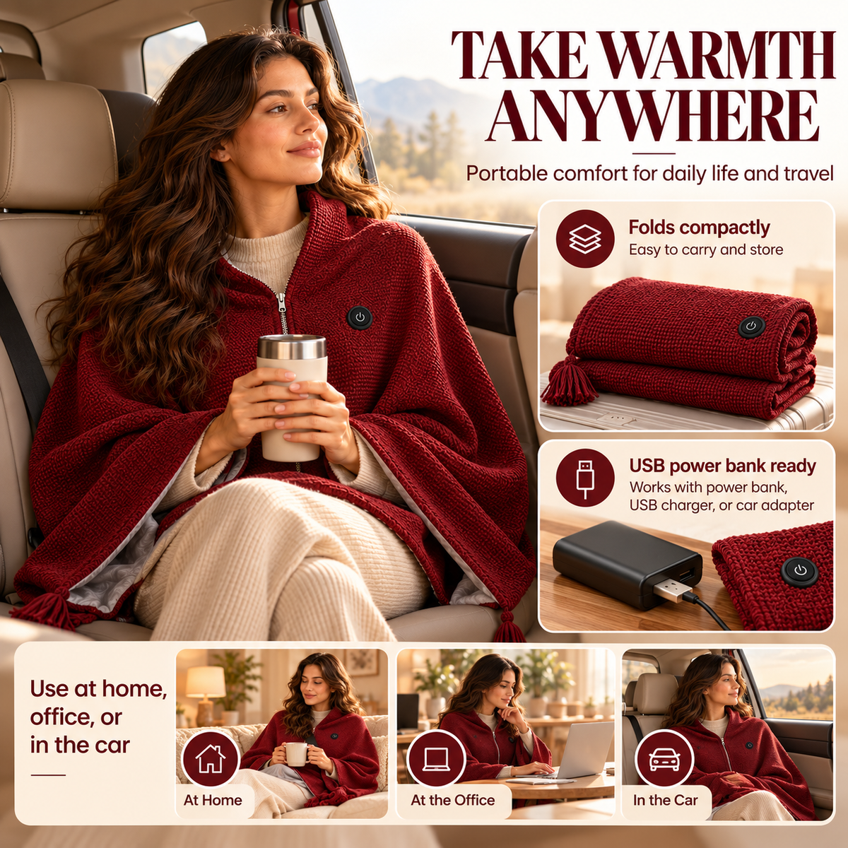 USB Heated Wearable Shawl Blanket