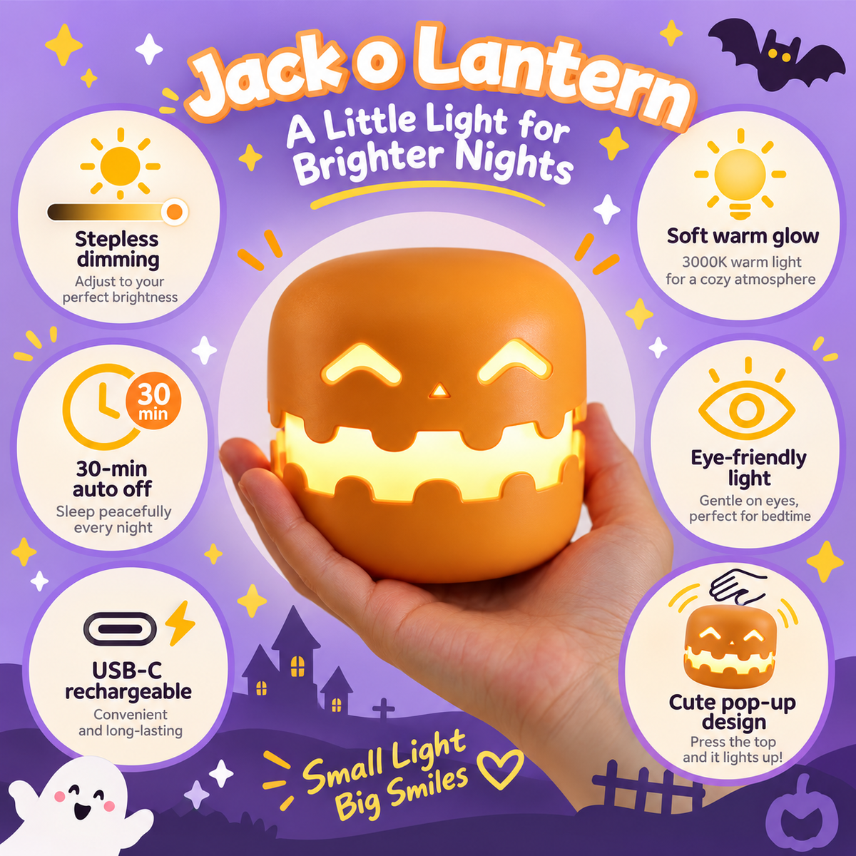 GlowGrin Rechargeable Halloween Pumpkin Night Light