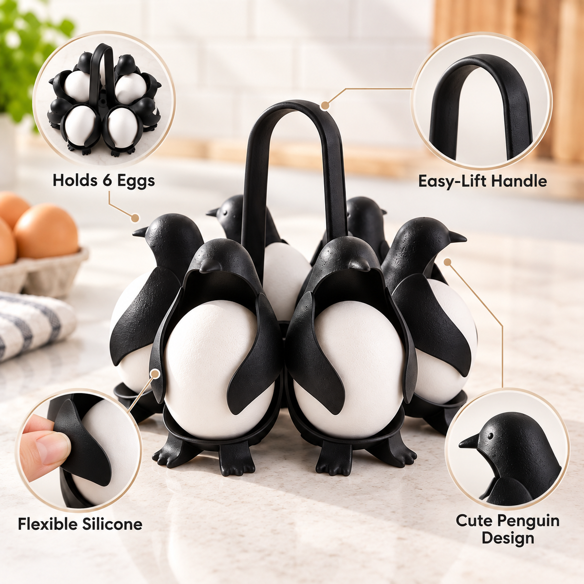 Penguin Egg Boiler Rack – 6-Egg Silicone Cooking & Steaming Holder