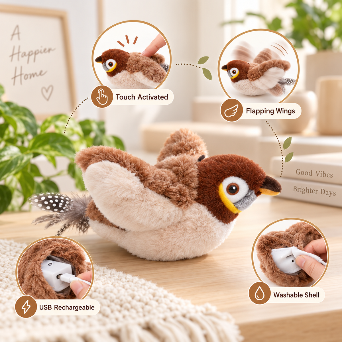 Rechargeable Simulated Bird Cat Toy, Touch-Activated Chirping and Flapping Plush Toy