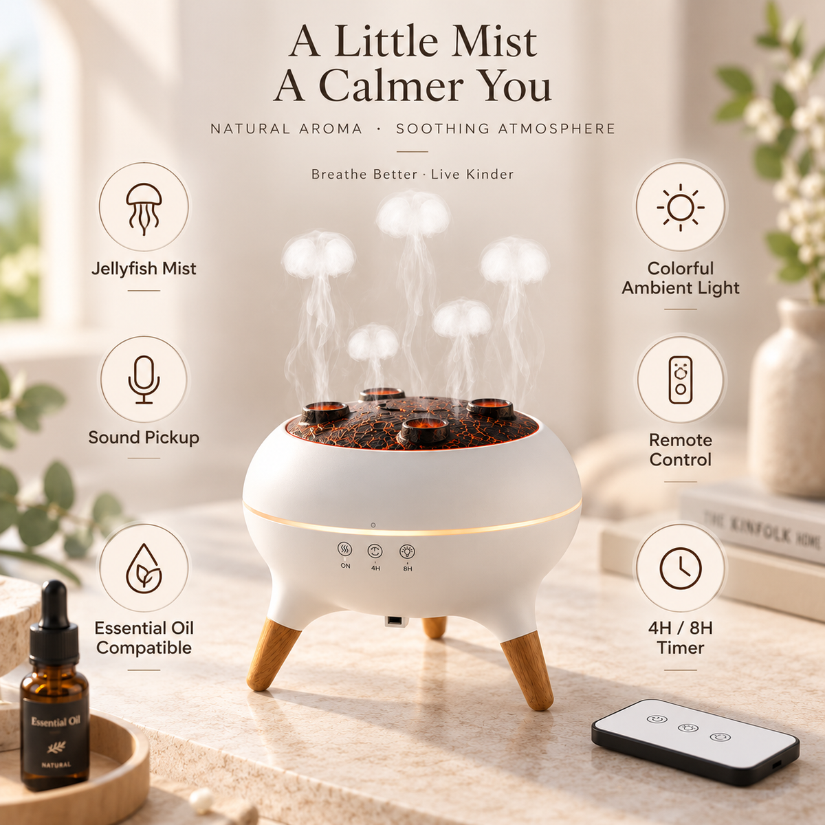 JellyGlow Dynamic Jellyfish Aroma Diffuser – 250mL Sound-Reactive Essential Oil Humidifier with 7-Color Ambient Light & Remote Control